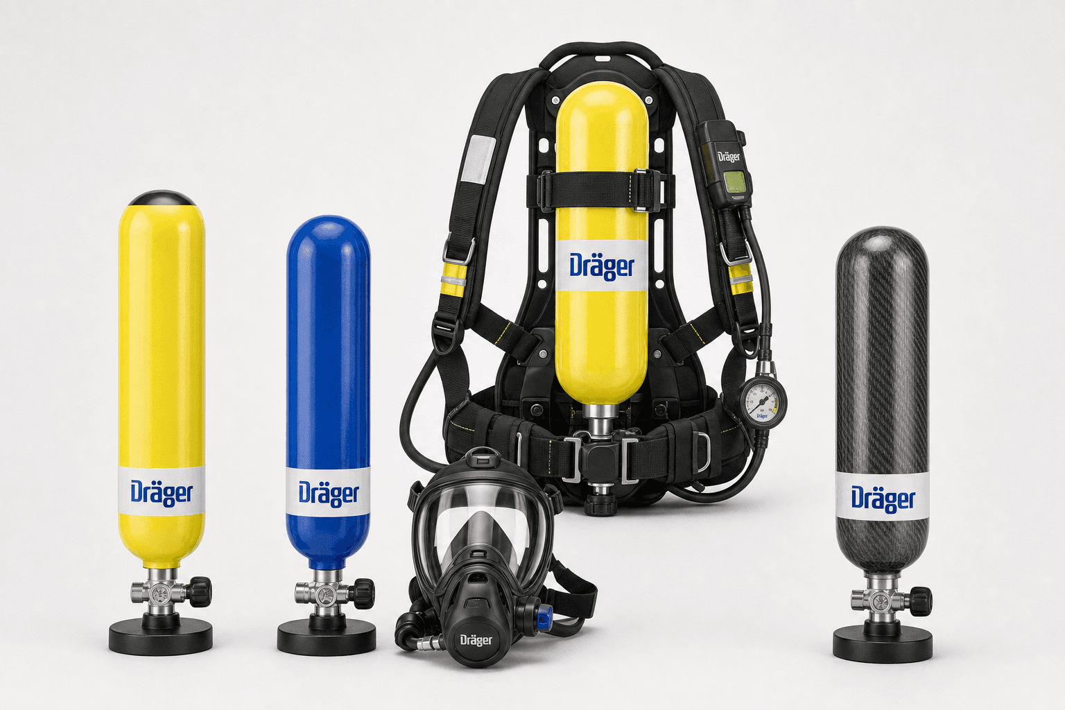 Breathing-air cylinders and apparatus arranged against a light background