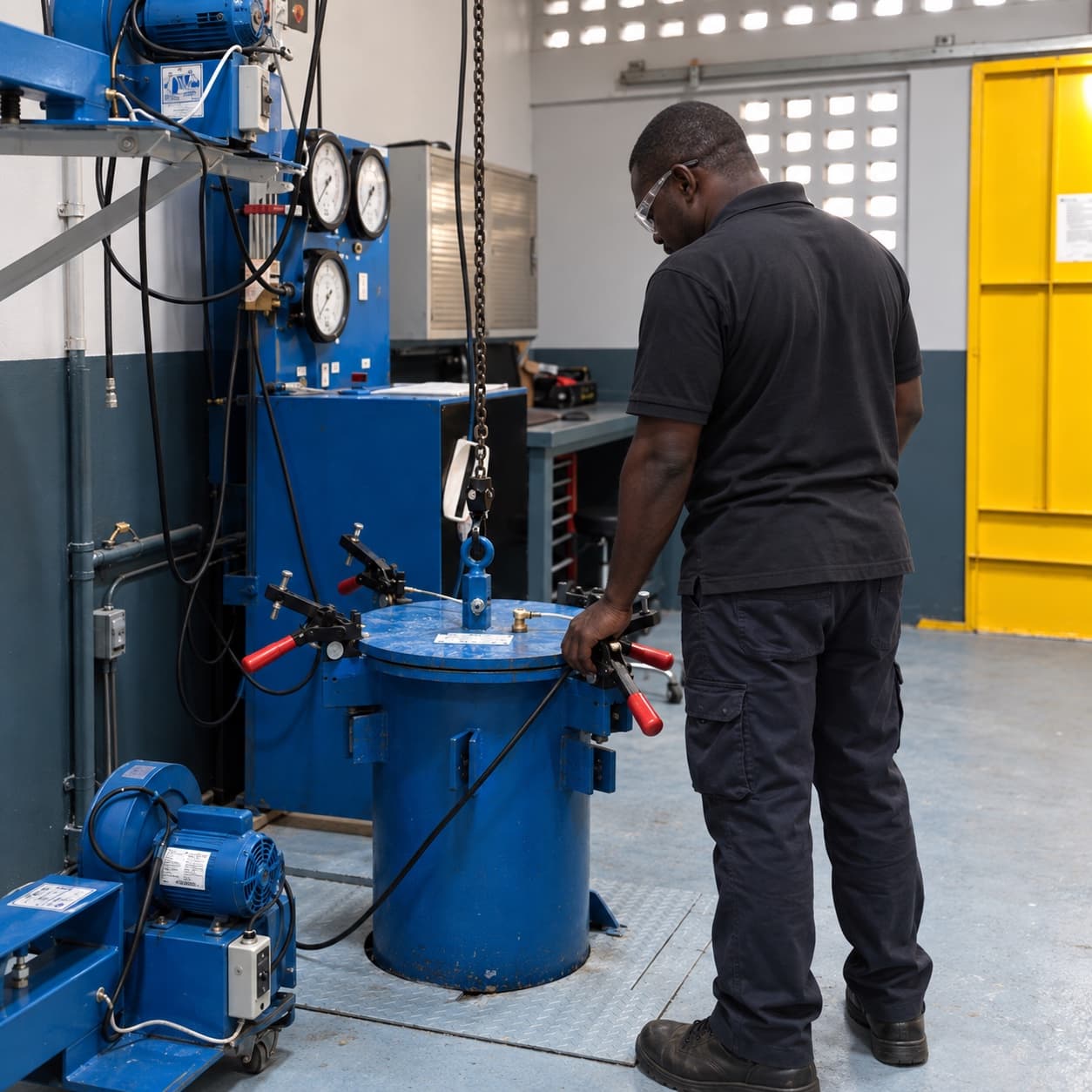 Technician checking a blue cylinder hydrotesting vessel