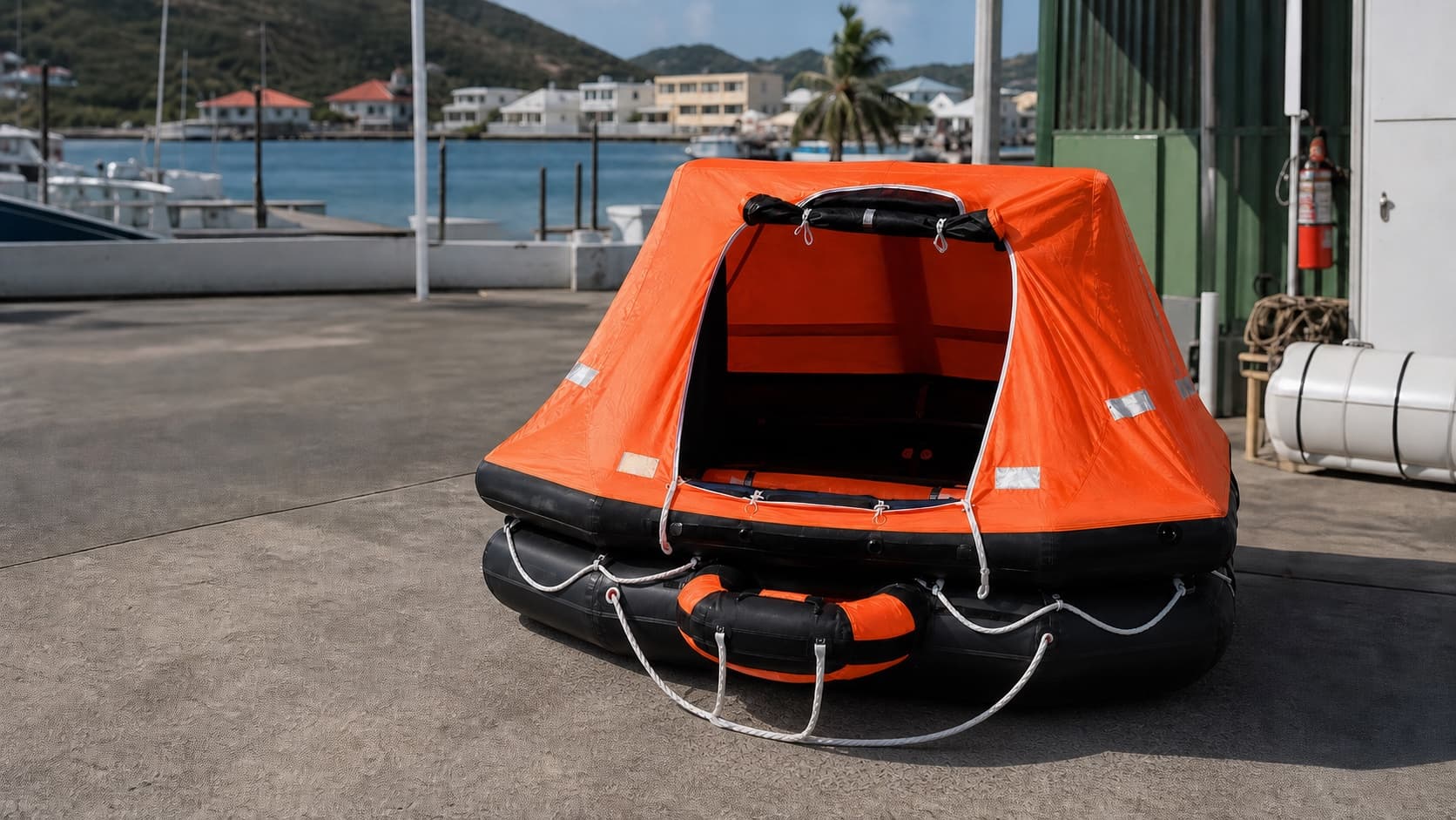 An orange rental liferaft prepared on a marina service apron