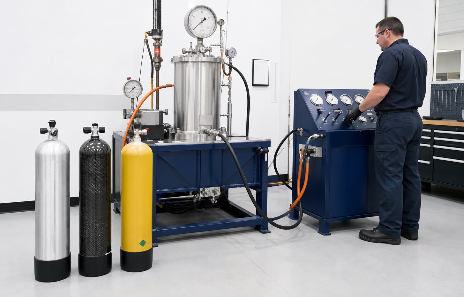 Technician operating cylinder hydrostatic testing equipment