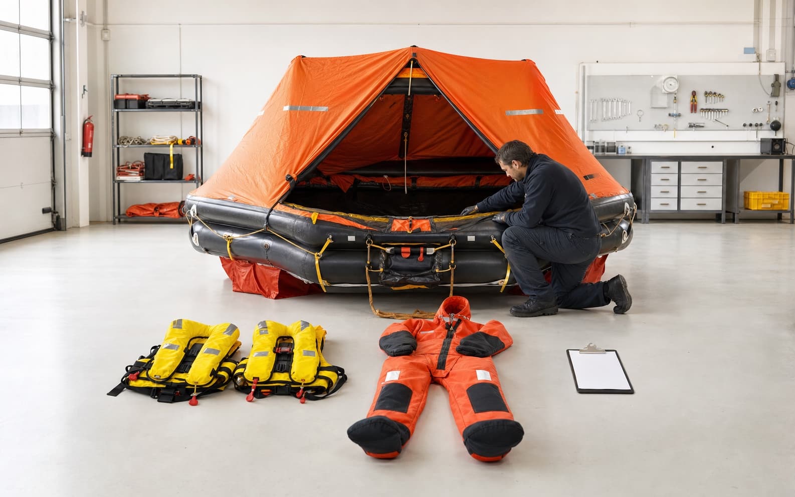Technician inspecting a marine liferaft and life-saving equipment for recertification