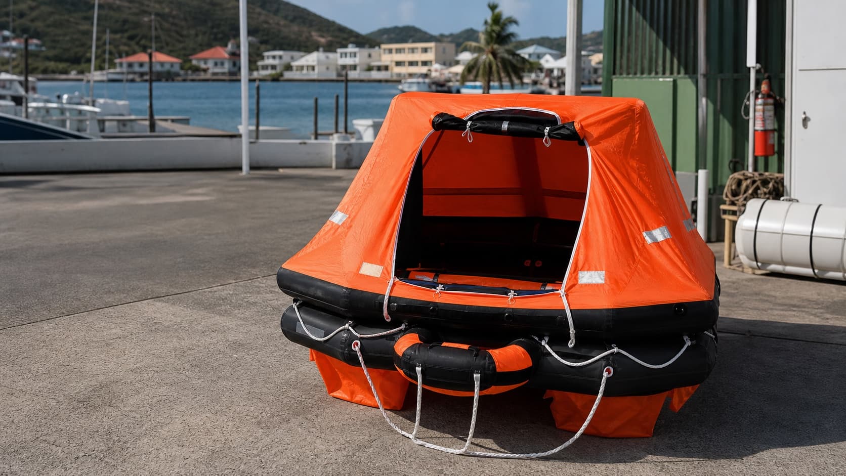 Orange rental liferaft prepared on a marina service apron