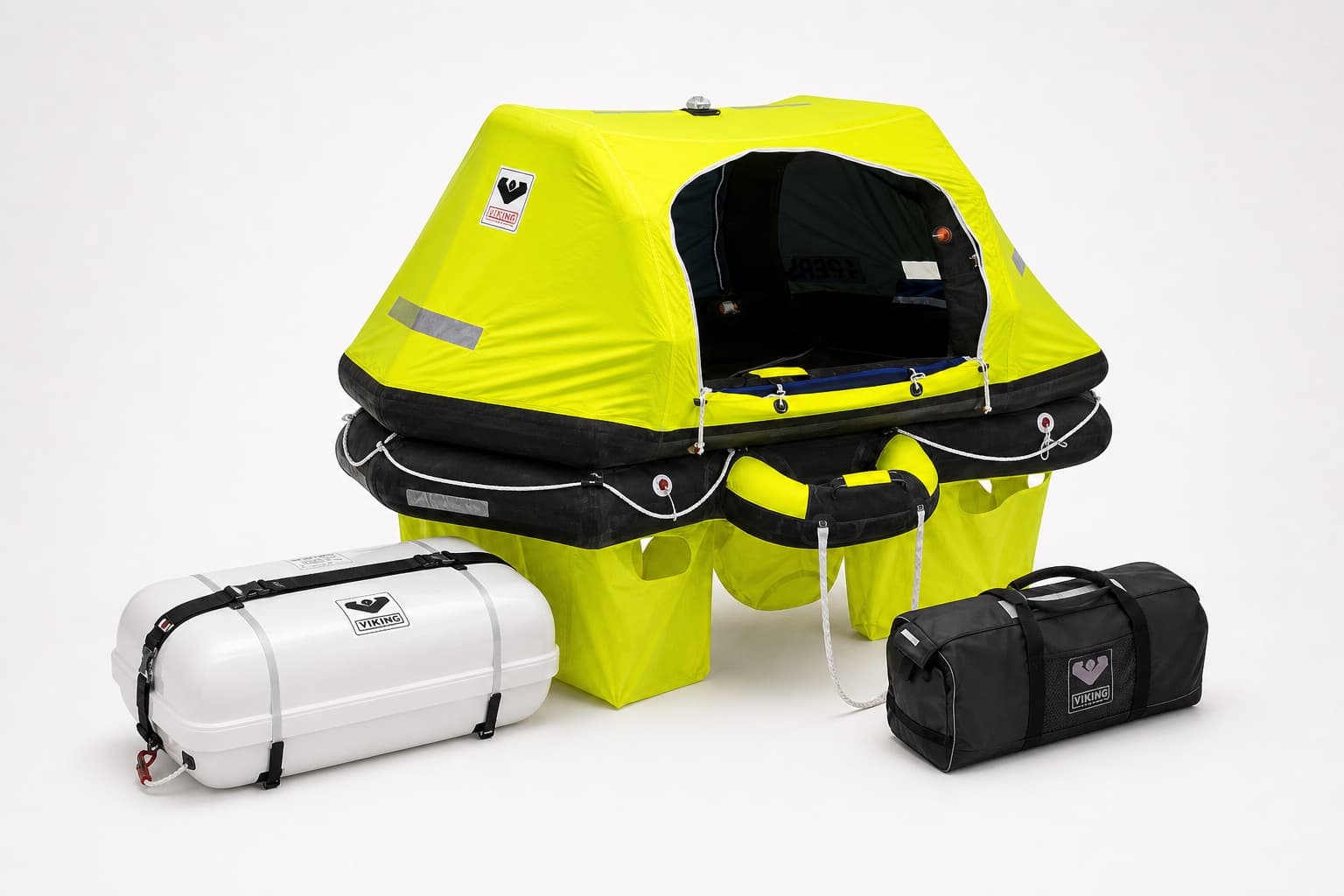 Inflated marine liferaft with its equipment pack prepared for use