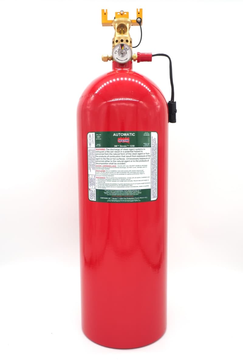 Sea-Fire fixed-system cylinder with nameplate, valve and pressure gauge