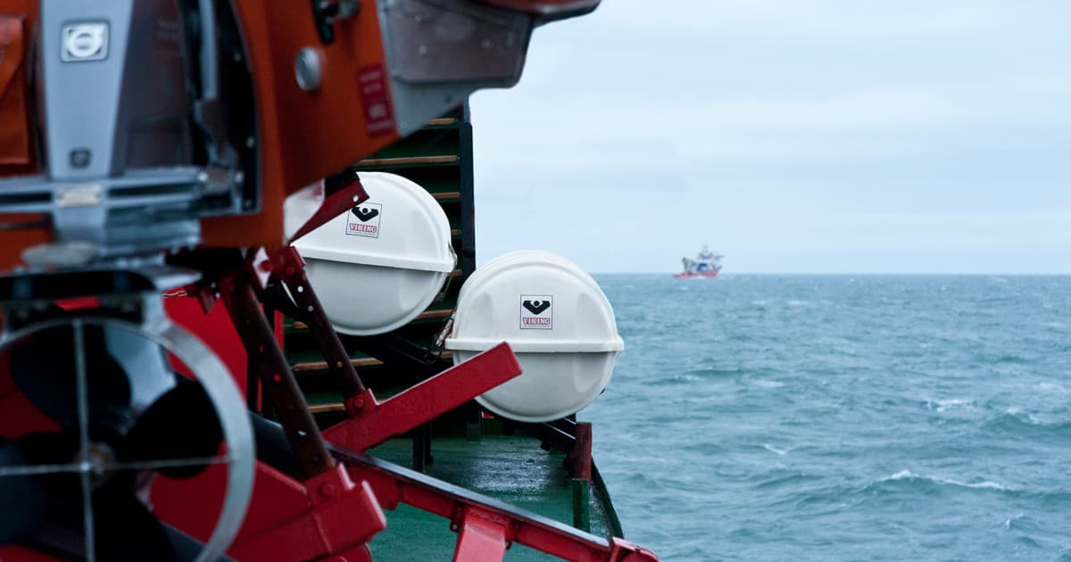 VIKING liferaft canisters mounted on a vessel deck — manufacturer photograph