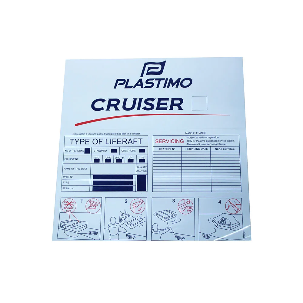 Blank Plastimo Cruiser label with a servicing table on the right headed Station number, Servicing date and Next service