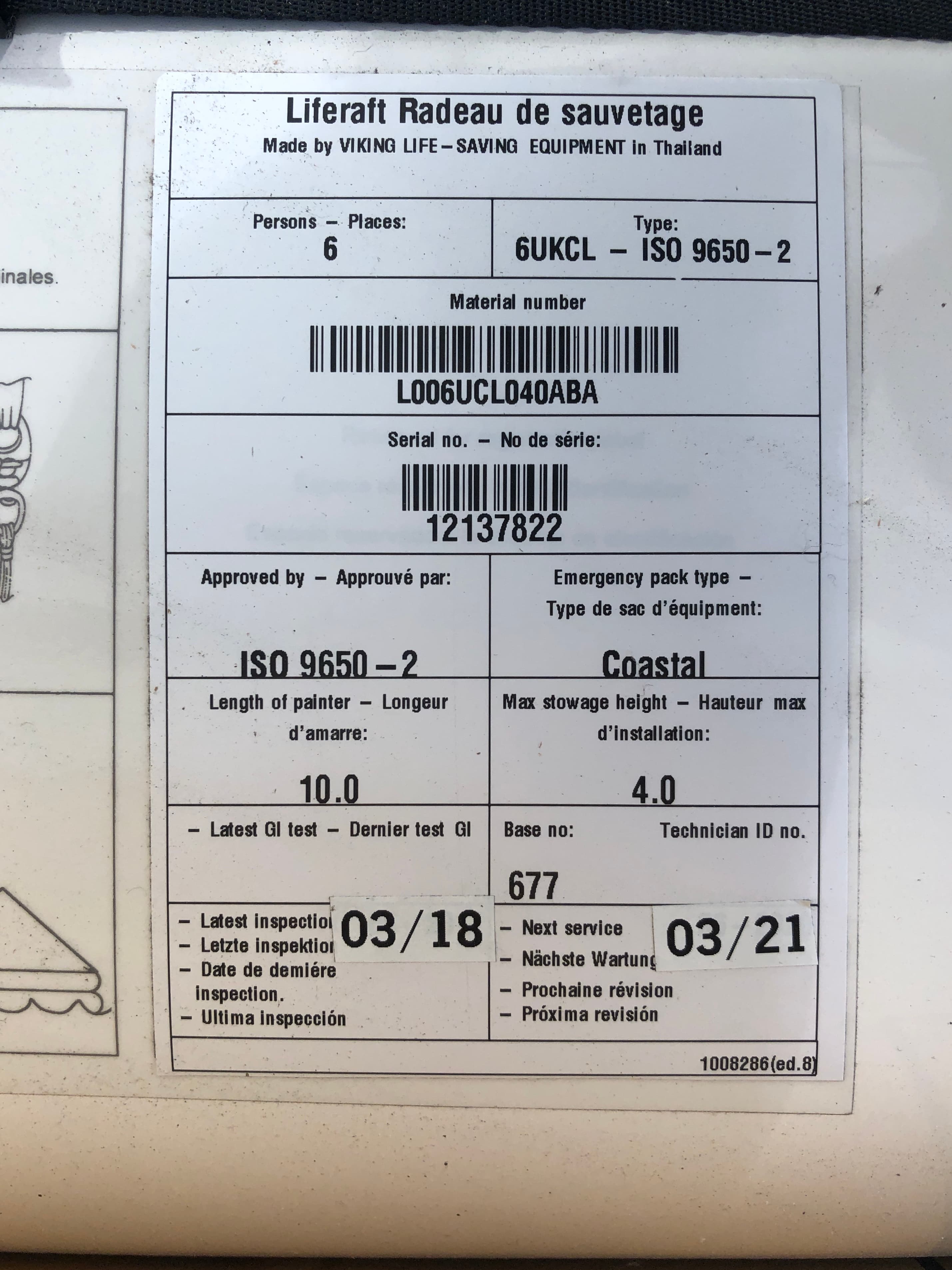 VIKING liferaft container label with separate Latest inspection and Next service fields at the bottom, marked 03/18 and 03/21