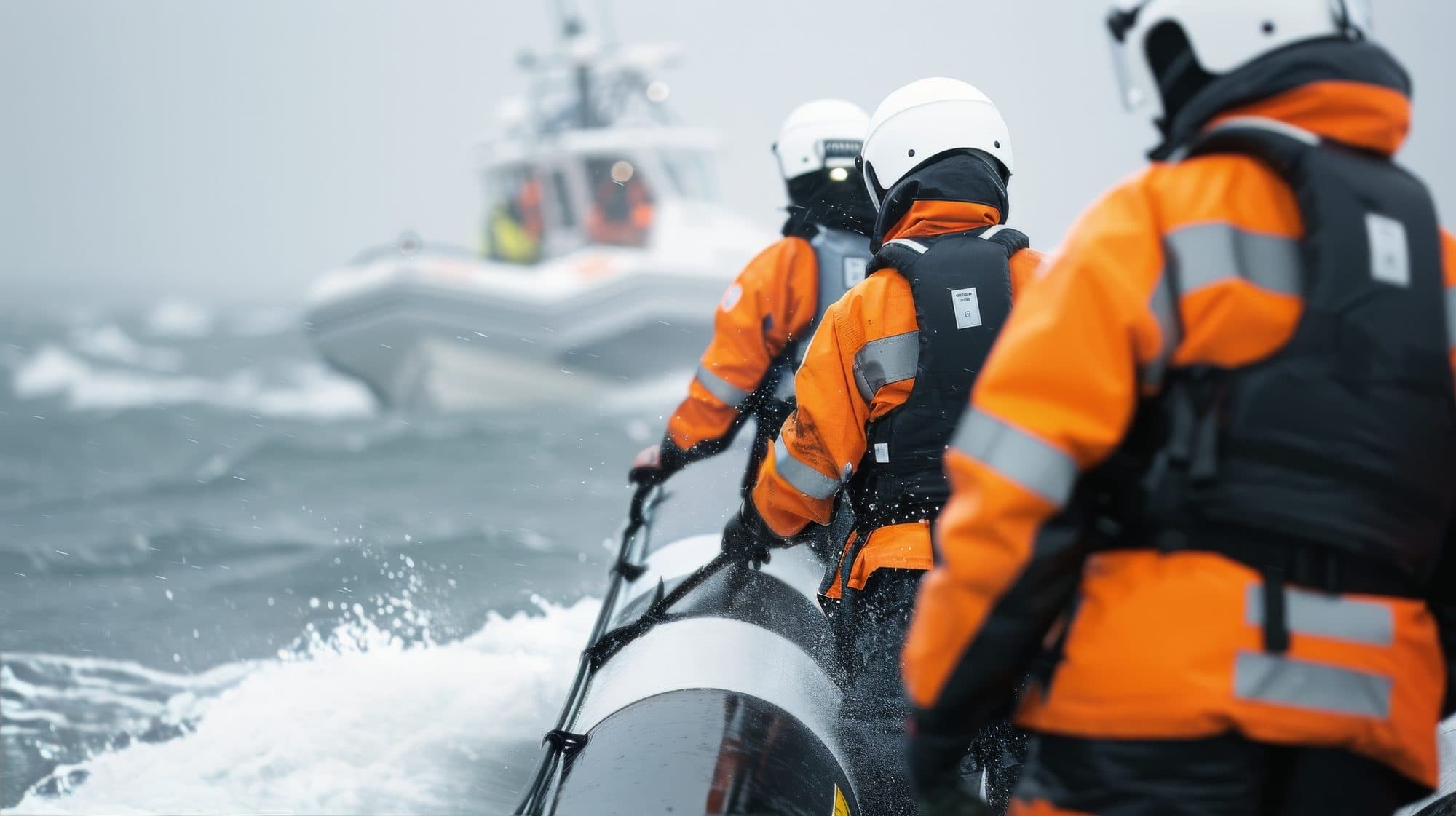 Illustration of crew wearing marine protective suits and lifejackets aboard a rescue boat
