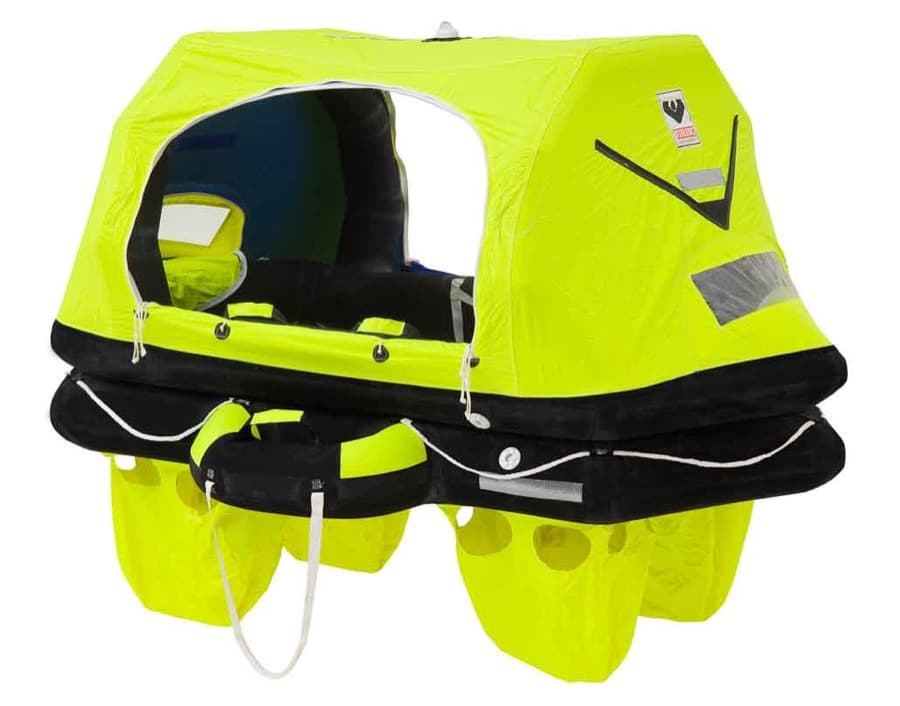 Canopied VIKING yacht liferaft showing the enclosed space and open entrance
