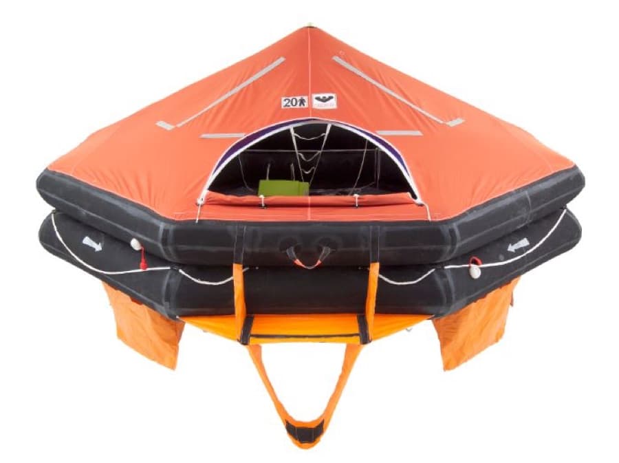 Orange canopied VIKING commercial liferaft with boarding ramp and black buoyancy tubes