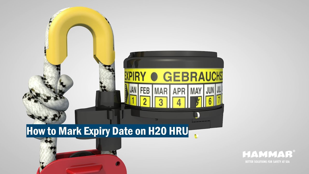 Hammar instructional illustration showing the marked expiry month on the yellow band around an H20 release unit